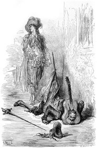 Leandro ha appena rotto una chitarra sulla testa di Matamoro, illustrazione per "Capitan Fracassa" da Gustave Dore