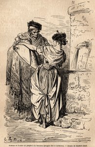 Uomo e donna del popolo alla fontana, a Carmona, villaggio vicino a Siviglia. Schizzo dal vivo di Gustave Dore (1832-1883). Incisione per illustrare il viaggio in Spagna, nel 1862 di Charles Davillier e Gustave Dore, in "Le tour du monde, nouveau da Gustave Dore