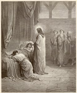Miracolo: Gesù Cristo guarisce la figlia di Jairo (Jairo o Jairos). Incisione dalla Bibbia illustrata da Gustave Dore (1832-1883)