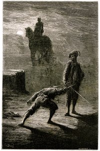 Duello notturno al chiaro di luna tra il Barone de Sigognac e Jacquemin Lampourde, sotto la statua equestre del Re di Bronzo. Incisione di Gustave Doré che illustra il romanzo di Théophile Gautier "Il capitano Fracassa", edizione Charpentier 1863 da Gustave Dore