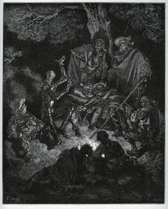 Luce notturna dove Don Chisciotte racconta la storia del mondo alle capre e a Sancho Panza - da "Don Chisciotte della Mancia" di Miguel Cervantes (1547-1616) - xilografia dopo disegno di Gustave Doré. da Gustave Dore