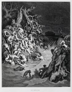 Noè e la sua arca sfuggono mentre il grande diluvio avvolge la terra, Illustrazione dalla Bibbia di Doré da Gustave Dore