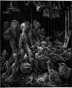 Panurge fa cantare gli uccelli suonando le campane - illustrazione di Gustave Doré per le opere complete di François Rabelais - Quinto libro - Pantagruel