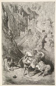 Sulla strada per la Cappella Verde, da Stories of the Days of King Arthur di Charles Henry Hanson, pub.1898 da Gustave Dore