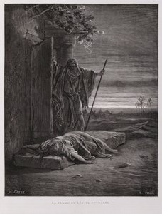 Olocausto a Ghibea, il levita porta via la sua concubina morta, Illustrazione dalla Bibbia di Doré da Gustave Dore