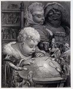 Pantagruel che segue un corso di geografia da Gustave Dore