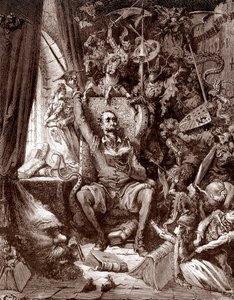 Rappresentazione di Don Chisciotte nella sua biblioteca circondato dalle creature dei suoi libri, incisione di Gustave Doré per L