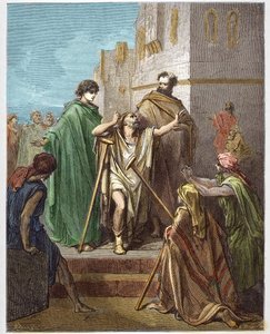 San Pietro e San Giovanni guariscono un paralitico - San Pietro, accompagnato da San Giovanni, guarisce miracolosamente un paralitico a Gerusalemme - incisione in 