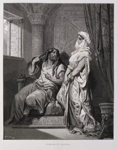 Sansone e Dalila, Capitolo 16 del Libro dei Giudici, Antico Testamento, illustrazione dalla Bibbia di Doré