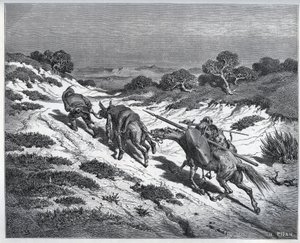 Sancho Panza, Don Chisciotte e i loro destrieri dopo la sconfitta contro i Yangher - da "Don Chisciotte della Mancia" di Miguel Cervantes (1547-1616) - xilografia dopo disegno di Gustave Doré.