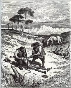 Sancho e il cugino tirano fuori Don Chisciotte (addormentato) dalla grotta di Montesinos - da Don Chisciotte della Mancia di Miguel Cervantes (1547-1616) - xilografia su disegno di Gustave Doré da Gustave Dore