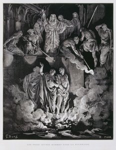 Shadrach, Meshach e Abednego nella fornace ardente, illustrazione dalla Bibbia di Doré da Gustave Dore