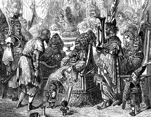 Sindbad il marinaio - racconto delle mille e una notte - illustrazione di Gustave Doré (dettaglio) - edizione Maxwell 1865 - Prologo: un povero portatore (Hinbad) si presenta davanti a Sindbad, che è diventato vecchio e ricco. Quest