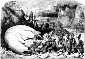 Sindbad il marinaio - racconto delle mille e una notte - illustrazione di Gustave Doré - edizione Maxwell 1865 - Quinto viaggio: i mercanti che accompagnano Sindbad rompono il guscio di un gigantesco uovo dell