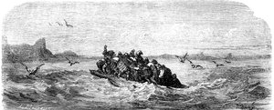Sindbad il marinaio - racconto delle mille e una notte - illustrazione di Gustave Doré - edizione Maxwell 1865 - Terzo viaggio: Sindbad e i suoi compagni navigano su una zattera da Gustave Dore
