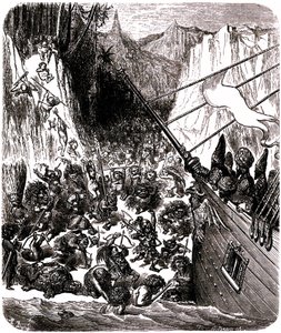 Sindbad il marinaio (Sinbad) - racconto delle mille e una notte (1001) - illustrazione di Gustave Doré - Terzo viaggio: una tempesta getta la nave di Sindbad e dei suoi compagni su un