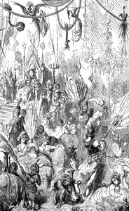 Sindbad il marinaio (Sinbad) - racconto delle mille e una notte (1001) - illustrazione di Gustave Doré - Edizione Maxwell 1865 - Sesto viaggio - questa incisione può rappresentare la corte del re di Serendib o quella del califfo Haroun al-Rashid da Gustave Dore