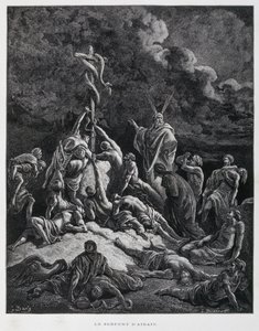 Così Mosè fece un serpente di bronzo e lo mise su un palo. Numeri 21:7, Illustrazione dalla Bibbia di Doré da Gustave Dore