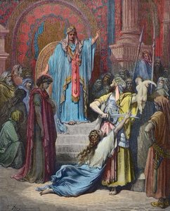 Il giudizio di Salomone - Salomone emette il giudizio di dividere il bambino tra i due contendenti - Incisione di Gustave Doré (1832-1883) - colorazione successiva da Gustave Dore