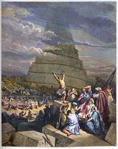 Torre di Babele - Illustrazione della Torre di Babele della Genesi e confusione delle lingue da parte di Yahve. A destra, il re Nimrud discute con gli architetti - incisione in "La Bibbia illustrata" di Gustave Dore - Incisione da "La Bibbia di Dore" da Gustave Dore