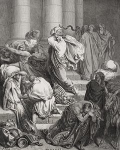 I compratori e i venditori cacciati dal tempio, Luca 19:45-46, illustrazione dalla 