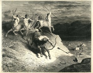 I Centauri scagliano frecce contro i dannati che escono dalle paludi dello Stige. Incisione dall