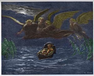 Il bambino Mosè sul Nilo circondato dagli angeli custodi