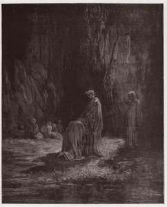 La Divina Commedia, Purgatorio, Canto 7: Il poeta Sordello, stupito, si inginocchia davanti a Virgilio - di Dante Alighieri (1265-1321) - Illustrazione di Gustave Doré (1832-1883). da Gustave Dore