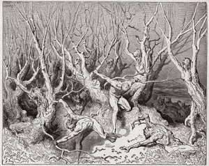 La Divina Commedia, Inferno, Canto 13: I suicidi fuggono dalla foresta - di Dante Alighieri (1265-1321) - Illustrazione di Gustave Dore (1832-1883) da Gustave Dore