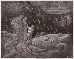 La Divina Commedia, Inferno, Canto 15: Brunetto Latini si rivolge a Dante - di Dante Alighieri (1265-1321) - Illustrazione di Gustave Doré (1832-1883)