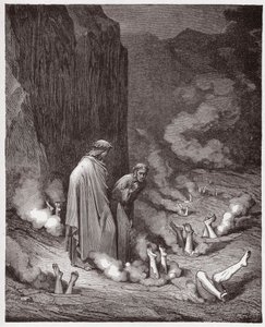 La Divina Commedia, Inferno, Canto 19: Dante rimprovera Papa Niccolò III nella quarta bolgia - di Dante Alighieri (1265-1321) - Illustrazione di Gustave Doré (1832-1883) da Gustave Dore