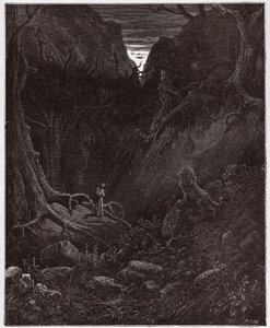 La Divina Commedia, Inferno, Canto 1: Il leone affronta improvvisamente Dante - Illustrazione di Gustave Doré