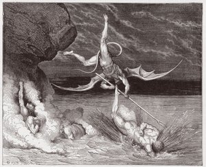 La Divina Commedia, Inferno, Canto 22: Ciampolo sfugge al demone Alichino nella quinta bolgia - di Dante Alighieri (1265-1321) - Illustrazione di Gustave Doré (1832-1883) da Gustave Dore