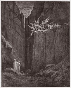 La Divina Commedia, Inferno, Canto 23: I poeti sfuggono ai demoni della quinta bolgia - di Dante Alighieri (1265-1321) - Illustrazione di Gustave Doré (1832-1883)