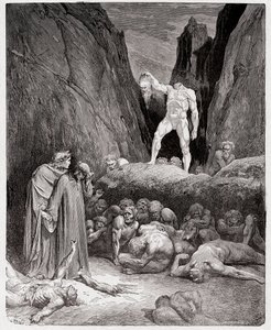 La Divina Commedia, Inferno, Canto 28: La testa mozzata di Bertrand de Born parla a Dante - di Dante Alighieri (1265-1321) - Illustrazione di Gustave Doré (1832-1883).