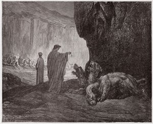 La Divina Commedia, Inferno, Canto 6: Virgilio nutre Cerbero nel terzo cerchio - di Dante Alighieri (1265-1321) - Illustrazione di Gustave Doré (1832-1883) da Gustave Dore