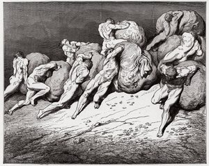 La Divina Commedia, Inferno, Canto 7: Le anime degli avari e dei prodighi costrette a rotolare pesanti pietre - di Dante Alighieri (1265-1321) - Illustrazione di Gustave Doré (1832-1883) da Gustave Dore