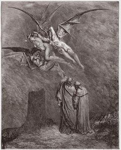 La Divina Commedia, Inferno, Canto 9: Le orribili Erinni: Megaera, Tisifone, Aletto - di Dante Alighieri (1265-1321) - Illustrazione di Gustave Dore (1832-1883)