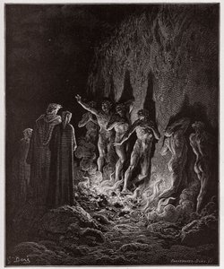 La Divina Commedia, Purgatorio, Canto 25: I lussuriosi passano attraverso il fuoco nel settimo cerchio - di Dante Alighieri (1265-1321) - Illustrazione di Gustave Doré (1832-1883).
