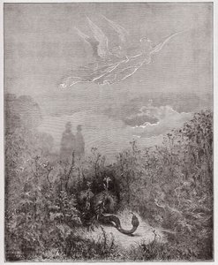 La Divina Commedia, Purgatorio, Canto 8: Gli angeli scacciano il serpente - di Dante Alighieri (1265-1321) - Illustrazione di Gustave Doré (1832-1883).