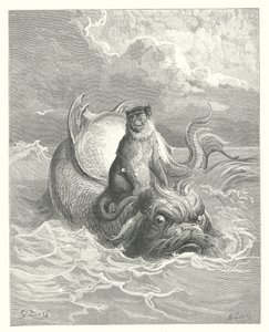 Le favole di La Fontaine: La scimmia e il delfino (incisione) da Gustave Dore