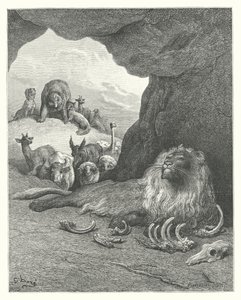 Le favole di La Fontaine: Il leone malato e la volpe (incisione) da Gustave Dore