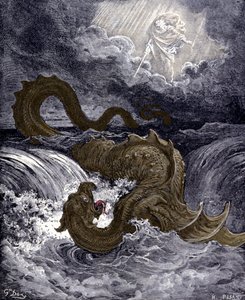 Il Leviatano, mostro marino simile al serpente marino menzionato nella Bibbia. Illustrazioni della Bibbia di Gustave Doré. Incisione del XIX secolo