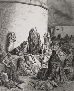 Il popolo in lutto sulle rovine di Gerusalemme, Lamentazioni 1:1-2, illustrazione dalla 