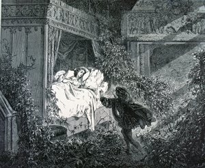 Il principe entra nella camera della principessa nel castello incantato, illustrazione per 