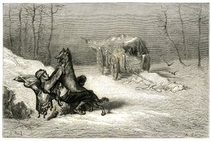 Il brigante Agostin è attaccato da un lupo, vicino al cavallo morto ancora nel carro abbandona i comici, o nasconde la piccola Chiquita. Incisione di Gustave Doré che illustra il romanzo di Théophile Gautier 