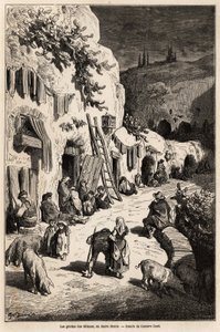 Le grotte (case sotterranee) degli zingari, a Sacro Monte, a Granada. Disegno di Gustave Dore per illustrare il suo viaggio in Spagna nel 1862, accompagnato da Ch. Davillier. Incisione in "Le tour du monde", a cura di Edouard Charton