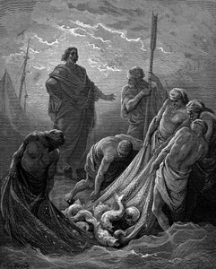 La pesca miracolosa. Luca: 5:6. Da La Bibbia illustrata di Gustave Doré 1865
