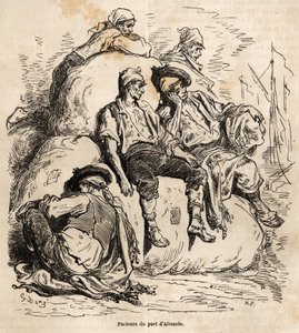 Il riposo dei portatori del porto di Alicante, schizzo dal vivo di Gustave Doré, per illustrare il suo viaggio in Spagna, nel 1862, con Ch. Davillier. Incisione in "Le tour du monde", a cura di Edouard Charton