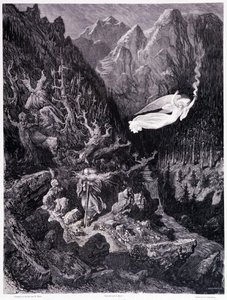 Il vecchio che tiene una borsa e il suo bastone camminando in un paesaggio ostile è sovrastato da un angelo che agita una lancia di fuoco, Piatto VII - Illustrazione di Gustave Doré per La leggenda del Giudeo errante di Pierre Dupont, edizione Librairie du da Gustave Dore